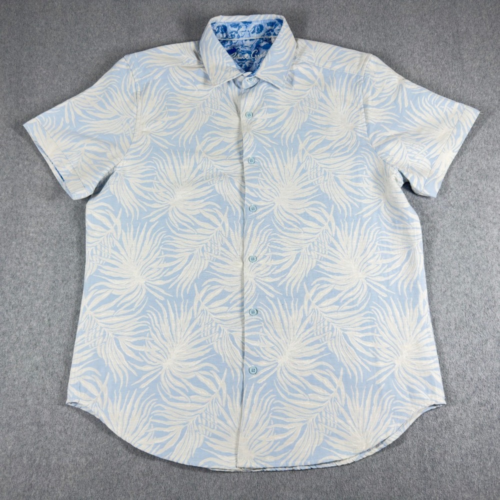 Men's Light Blue Jacquard Short Sleeve Button-Up Shirt